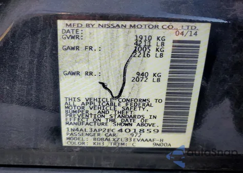 2014 Nissan Altima 2.5 Sl from USA, damaged, VIN 1N4AL3AP2EC401859